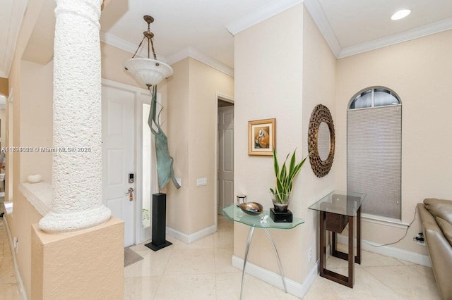 999 N Harbor Vw N, Hollywood, FL 33019 - hallway with baseboards, ornamental molding, and tile patterned floors