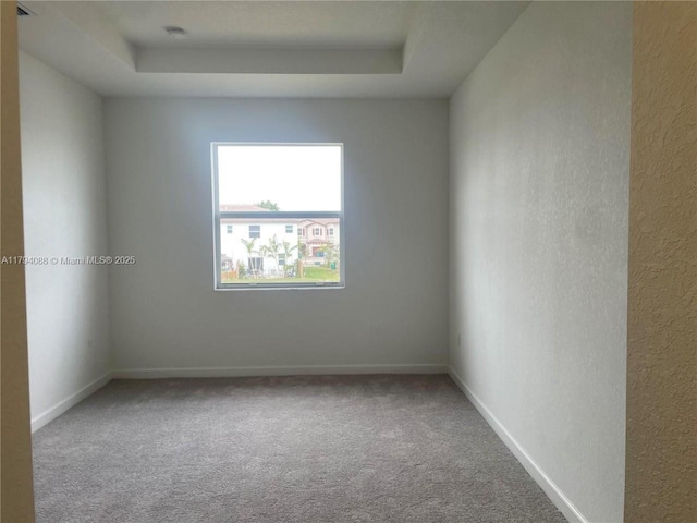 spare room with carpet floors, baseboards, a textured wall, and a raised ceiling