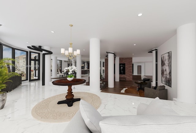 2843 S Bayshore Dr Unit Villa1Villa2, Miami, FL 33133 - living area featuring a chandelier, ornate columns, marble tiled flooring, and recessed lighting