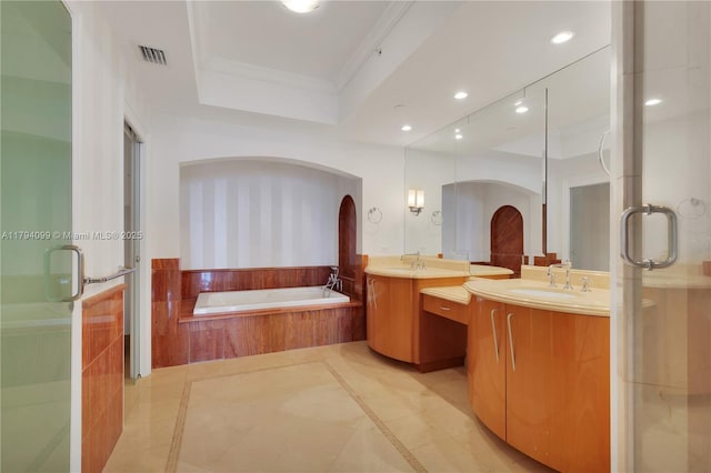 17875 Collins Ave Unit 905, Sunny Isles Beach, FL 33160 - full bath with visible vents, a sink, a tray ceiling, and a shower stall