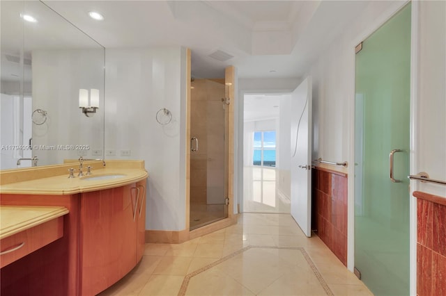 17875 Collins Ave Unit 905, Sunny Isles Beach, FL 33160 - bathroom featuring vanity, baseboards, recessed lighting, tile patterned floors, and a stall shower