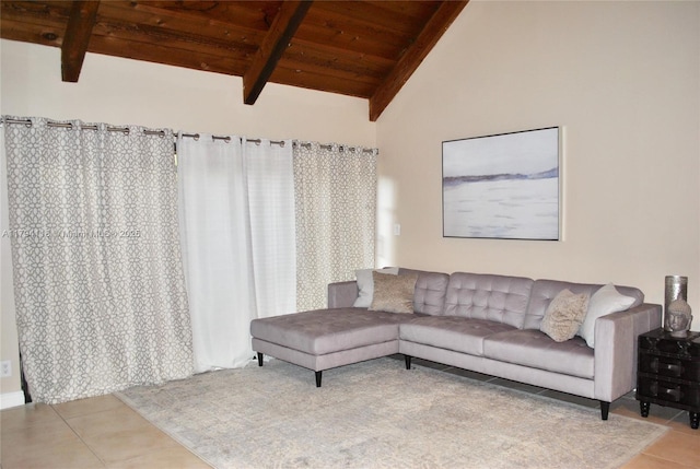 49 Deer Creek Rd Unit E105, Deerfield Beach, FL 33442 - tiled living area featuring lofted ceiling with beams and wood ceiling