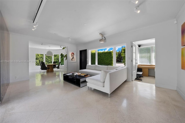 living room featuring track lighting, plenty of natural light, and speckled floor