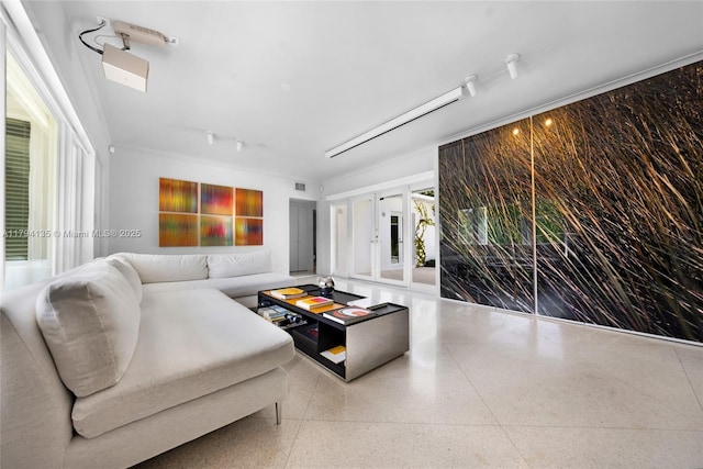living area with rail lighting