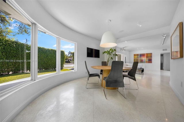 dining area with baseboards, a wealth of natural light, and speckled floor