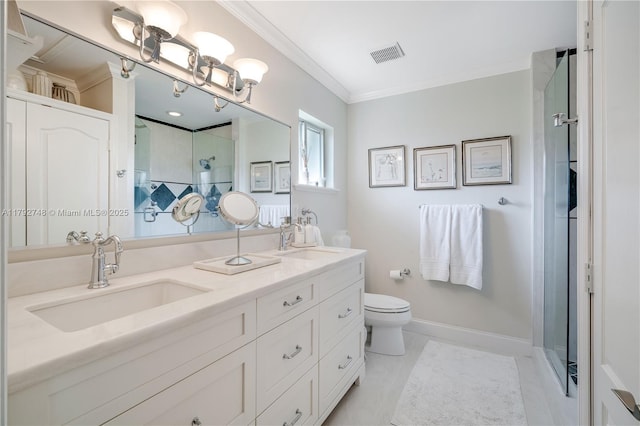 bathroom with visible vents, a sink, crown molding, and a stall shower