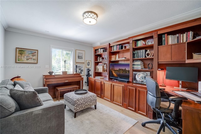 office area featuring light wood-style floors and ornamental molding