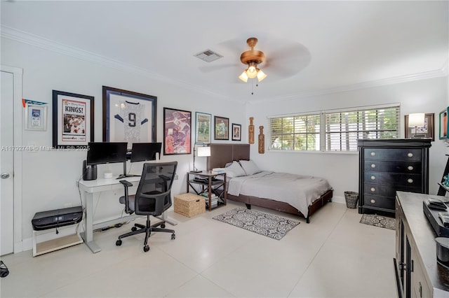 bedroom with baseboards, ornamental molding, a ceiling fan, and visible vents