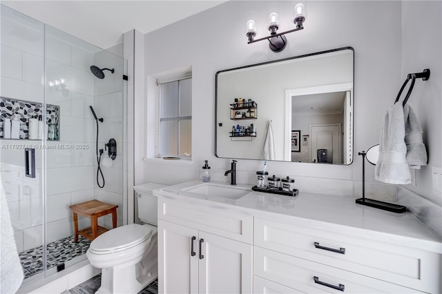 full bathroom with vanity, toilet, and a stall shower