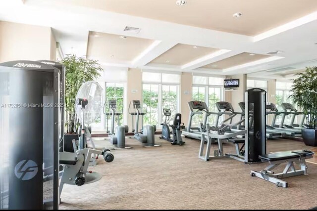 450 N Federal Hwy Unit 102, Boynton Beach, FL 33435 - gym with carpet flooring, coffered ceiling, beamed ceiling, and recessed lighting