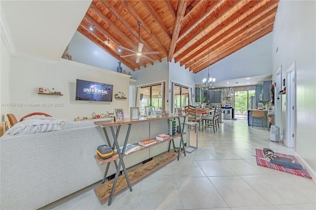 8097 Royal Palm Cir, Tamarac, FL 33321 - living room with beam ceiling, tile patterned flooring, high vaulted ceiling, ceiling fan with notable chandelier, and wooden ceiling