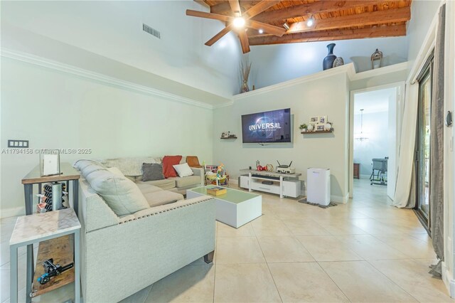8097 Royal Palm Cir, Tamarac, FL 33321 - tiled living room with a ceiling fan, a towering ceiling, beamed ceiling, visible vents, and wood ceiling