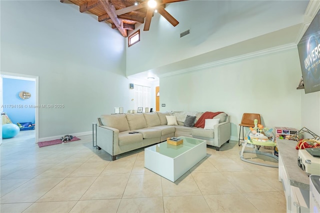 8097 Royal Palm Cir, Tamarac, FL 33321 - living room with a ceiling fan, beam ceiling, light tile patterned floors, baseboards, and a high ceiling