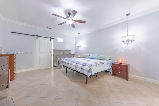 8097 Royal Palm Cir, Tamarac, FL 33321 - bedroom with crown molding, baseboards, visible vents, and light tile patterned floors