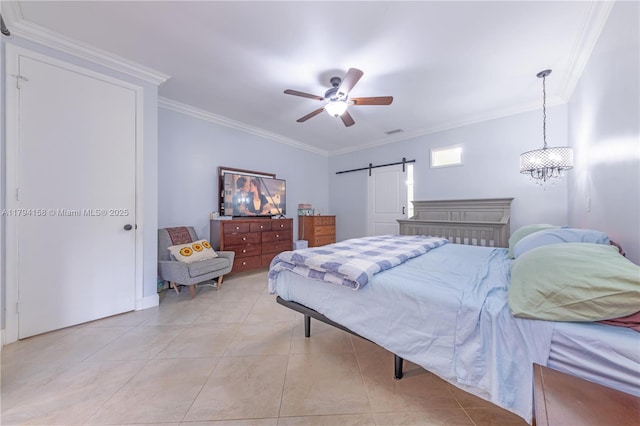 8097 Royal Palm Cir, Tamarac, FL 33321 - bedroom featuring ornamental molding, a ceiling fan, light tile patterned floors, and a barn door