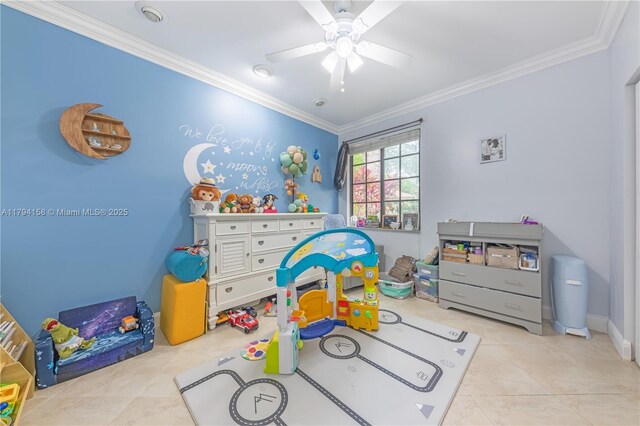 8097 Royal Palm Cir, Tamarac, FL 33321 - recreation room with ornamental molding, a ceiling fan, and light tile patterned floors