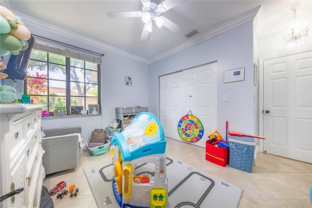 8097 Royal Palm Cir, Tamarac, FL 33321 - playroom with visible vents, ornamental molding, ceiling fan with notable chandelier, and tile patterned flooring