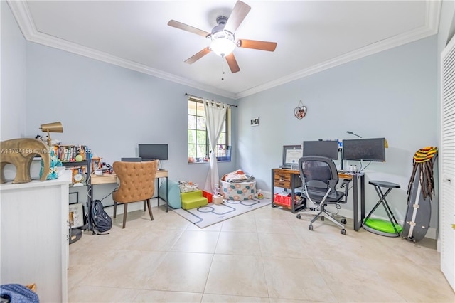 8097 Royal Palm Cir, Tamarac, FL 33321 - office area with tile patterned flooring, ornamental molding, baseboards, and a ceiling fan