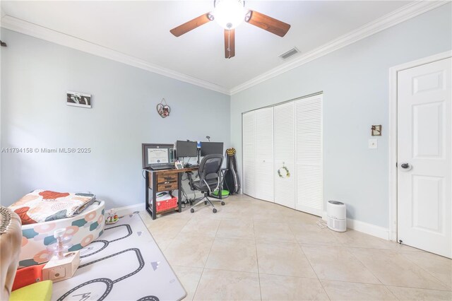 8097 Royal Palm Cir, Tamarac, FL 33321 - office area with visible vents, ornamental molding, light tile patterned flooring, baseboards, and ceiling fan
