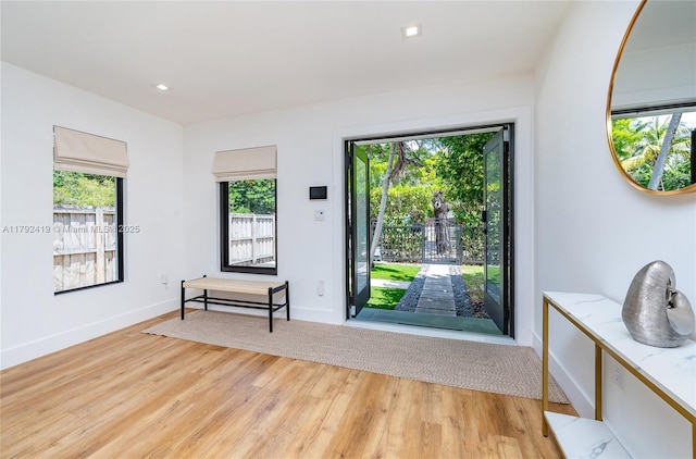 interior space with baseboards, light wood finished floors, and a wealth of natural light