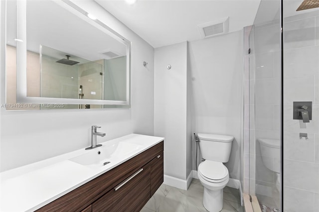 full bath featuring visible vents, vanity, marble finish floor, toilet, and a stall shower