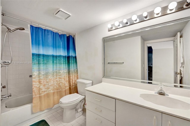 full bathroom featuring visible vents, tile patterned flooring, shower / bath combo, vanity, and toilet