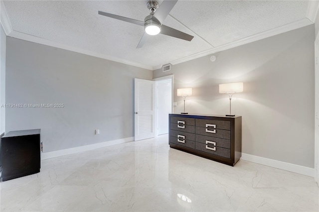 unfurnished bedroom featuring crown molding, a textured ceiling, marble finish floor, and visible vents