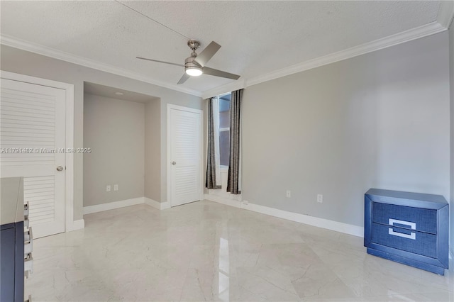 unfurnished bedroom with baseboards, ornamental molding, and marble finish floor