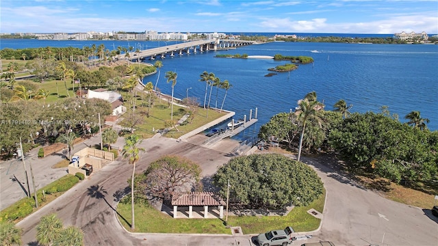 birds eye view of property featuring a water view