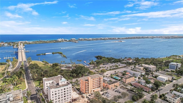 bird's eye view with a water view