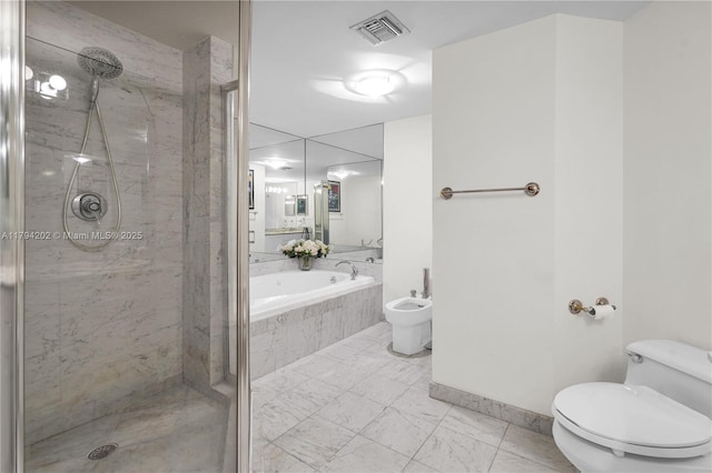 bathroom with toilet, a marble finish shower, visible vents, a bidet, and a garden tub