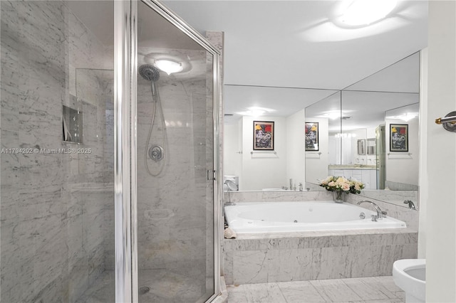 full bath with a jetted tub, a stall shower, and a bidet