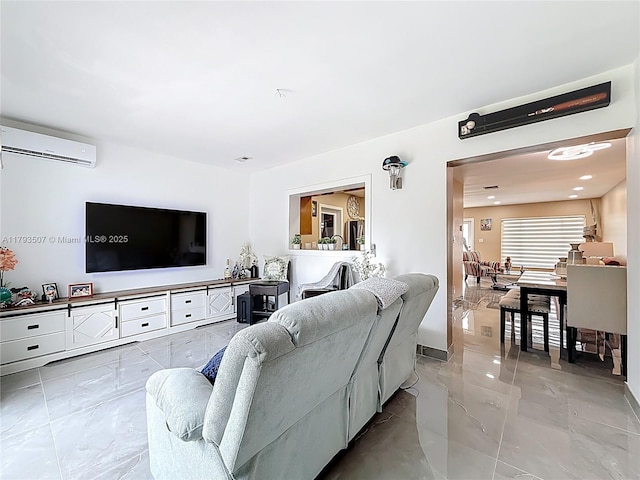 living area featuring a wall unit AC and marble finish floor