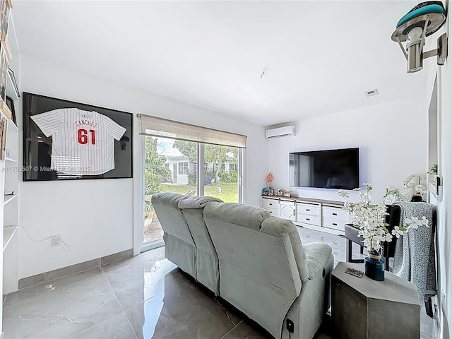 living room featuring a wall mounted AC and visible vents