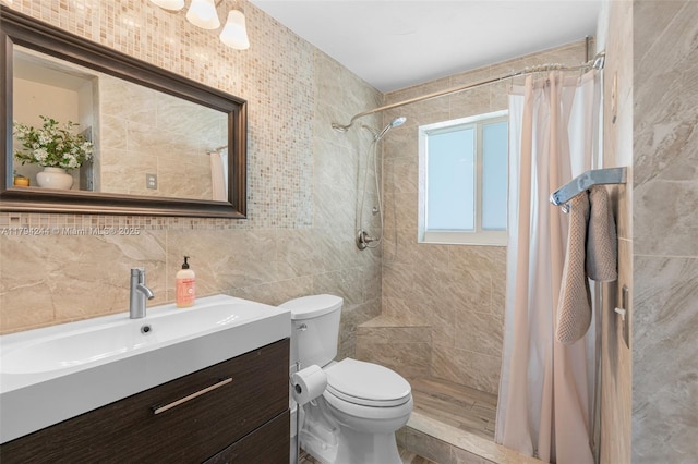 1531 NE 32nd St, Pompano Beach, FL 33064 - full bathroom with tile walls, a tile shower, vanity, and toilet