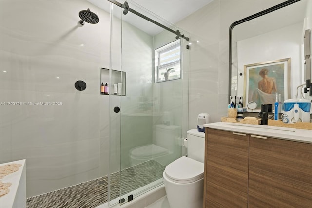 full bath featuring vanity, toilet, and a shower stall