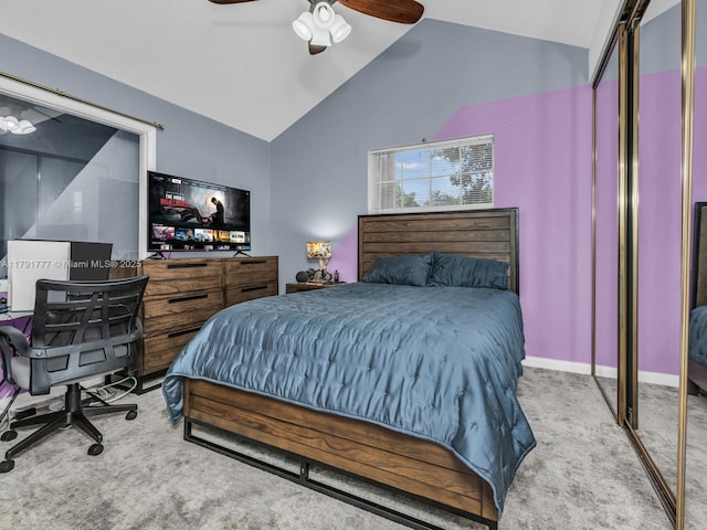 carpeted bedroom featuring a ceiling fan, baseboards, and lofted ceiling