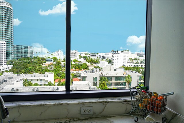 interior space with a city view
