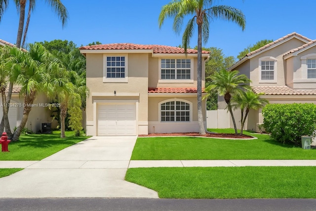 6813 Torch Key St, Lake Worth, FL 33467 - mediterranean / spanish home with a garage, a front yard, stucco siding, a tiled roof, and driveway