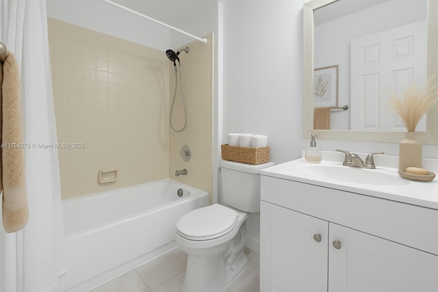 full bath featuring vanity, shower / bathtub combination with curtain, tile patterned flooring, and toilet