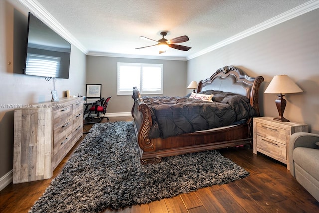 bedroom with dark wood-style flooring, ornamental molding, ceiling fan, and a textured ceiling