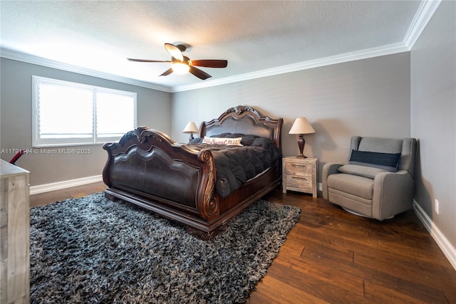 bedroom featuring hardwood / wood-style floors, ornamental molding, a textured ceiling, ceiling fan, and baseboards