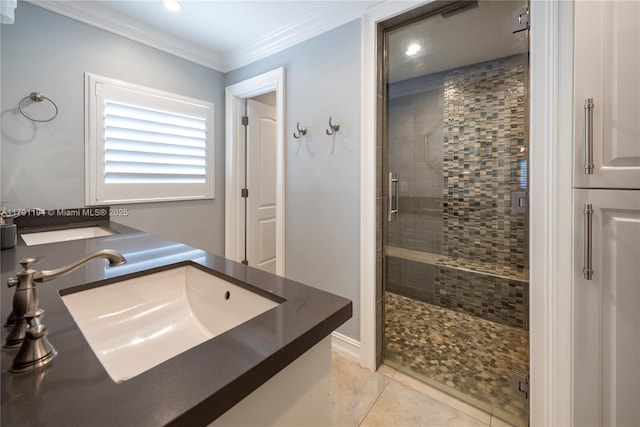 full bath featuring a stall shower, recessed lighting, ornamental molding, tile patterned flooring, and vanity