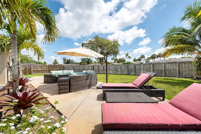 view of patio / terrace featuring a fenced backyard and an outdoor hangout area
