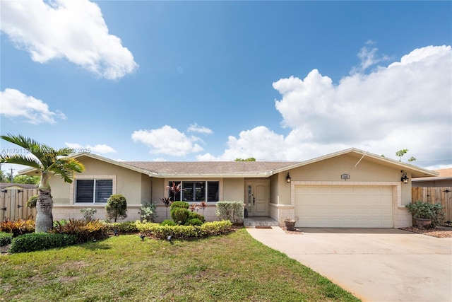 ranch-style house with an attached garage, stucco siding, fence, concrete driveway, and a front yard