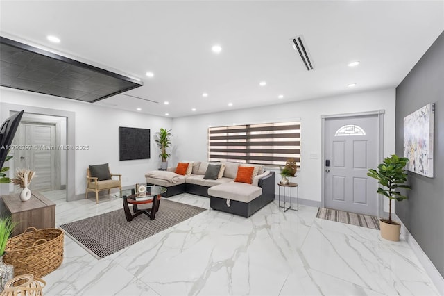 living area with baseboards, recessed lighting, marble finish floor, and visible vents