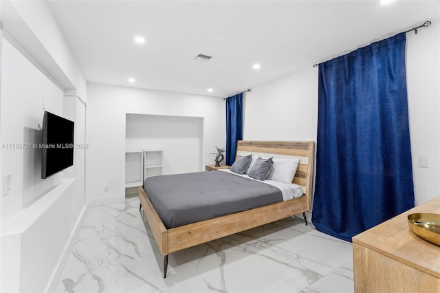 bedroom with visible vents, recessed lighting, and marble finish floor