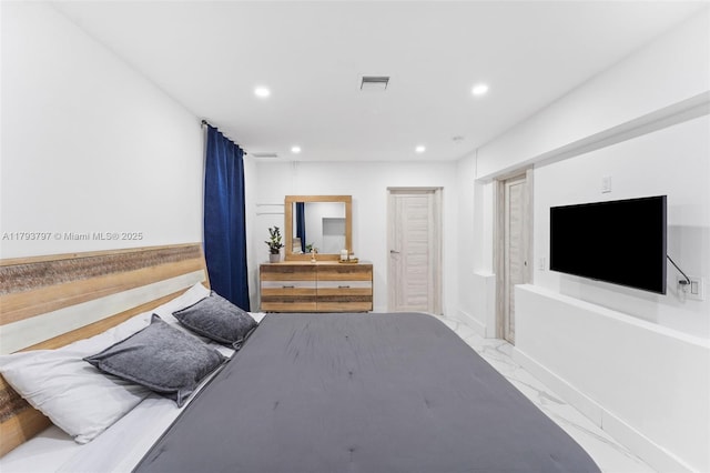 bedroom with visible vents, recessed lighting, and marble finish floor
