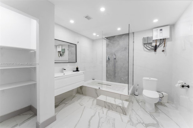 bathroom featuring visible vents, toilet, marble finish floor, a marble finish shower, and recessed lighting