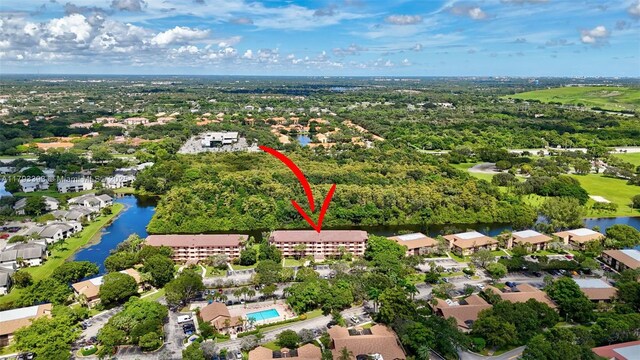 aerial view with a water view and a residential view